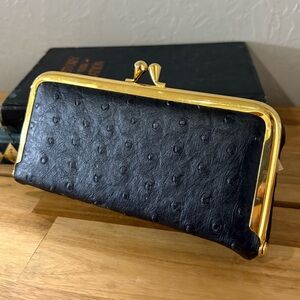 Vintage Comeco Black Faux Ostrich Kiss-Lock Wallet with Gold Frame